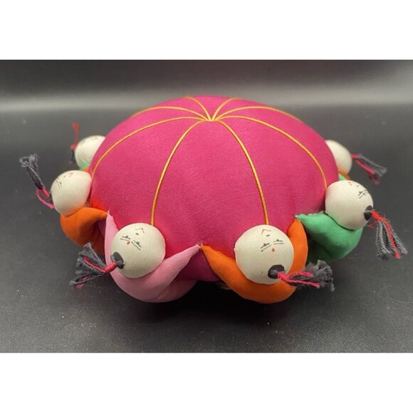 Vintage Chines Friendship Pincushion 5" Satin Doll Ring 8 Faces Folk Art Bright - Picture 3 of 7